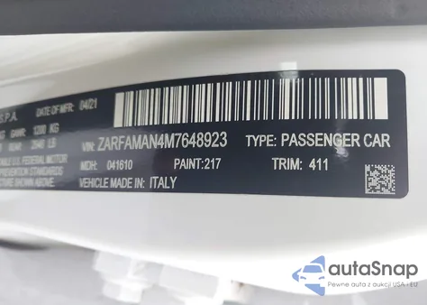 2021 Alfa Romeo Giulia Rwd from USA, damaged, VIN ZARFAMAN4M7648923